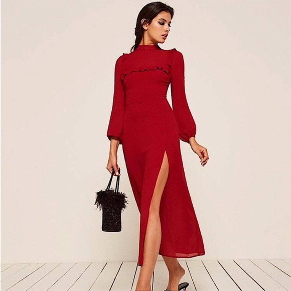 REFORMATION midi floral ruffle dress in cherry red